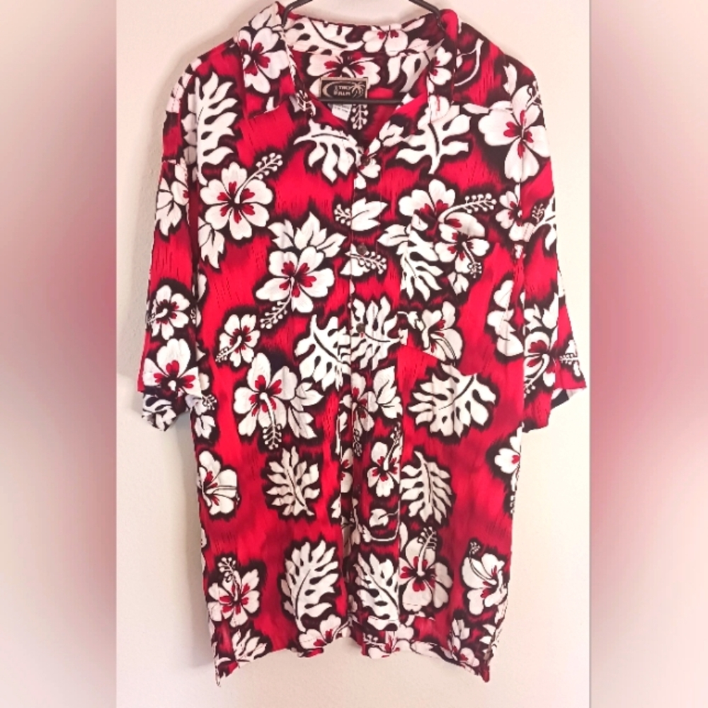 Tiki Palm Hawaiian Shirt Mens Red Floral Short-Sleeve Camp Aloha Lounge Size XL